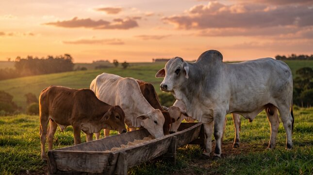 Herd of Nellore cattle feeding from a wooden trough in a green pasture at sunset. Professional livestock agriculture, golden hour light, and rural farming scene.