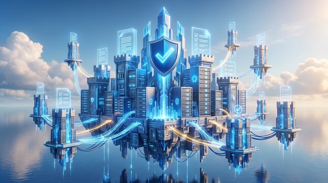 Digital fortress castle with security shield floating over ocean for cloud data protection and cyber security