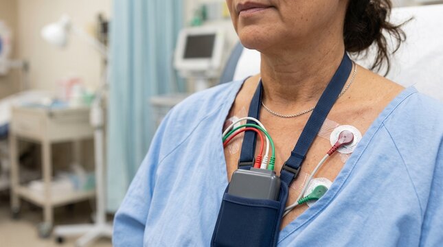 Patient wearing Holter monitor for cardiac monitoring in a hospital room with medical equipment in background