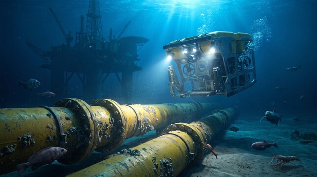 Underwater ROV inspecting subsea oil and gas pipelines near offshore platform