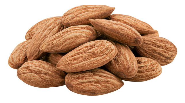 Isolated delicious whole almonds, healthy snack ingredients for cooking or baking