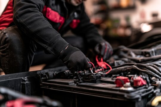 Technician testing electrical connections on a battery bank