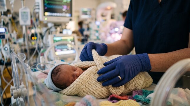 Nurse in blue gloves swaddling a newborn baby in a NICU incubator surrounded by medical equipment