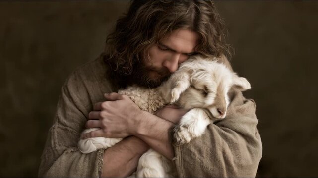 In a warm setting, Jesus Christ hugs a lamb closely. His expression shows love and kindness as he cares for the animal. The scene emphasizes a bond between them.