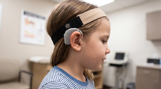 Young girl with hearing aid and headband undergoing audiology test in clinic examination room