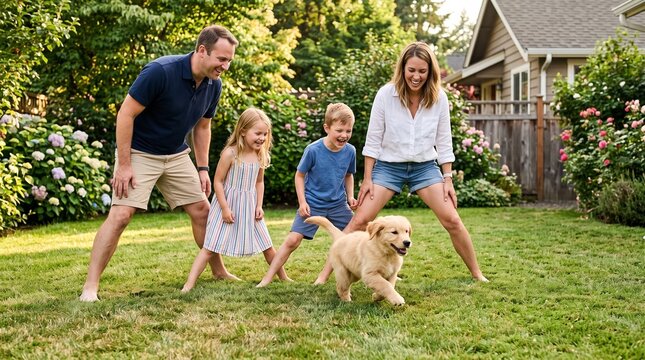 Happy family playing with golden retriever puppy in backyard on sunny day