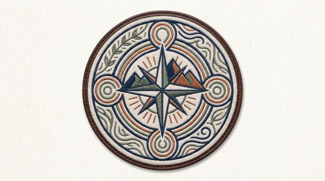 Mountain compass emblem design with decorative circular patterns and nature motifs