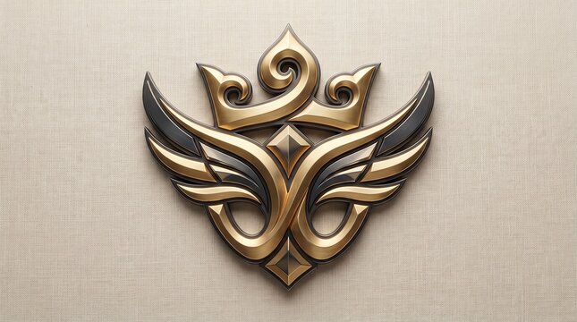 Golden crown with wings emblem design on textured background