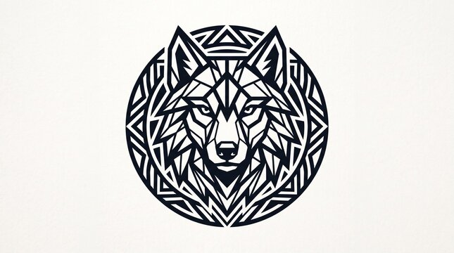 Geometric wolf head emblem in a circular frame, tribal style vector illustration.