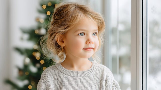 Little girl looking out the window in anticipation of Christmas. Cute child waiting for the winter holidays at home. Festive season concept