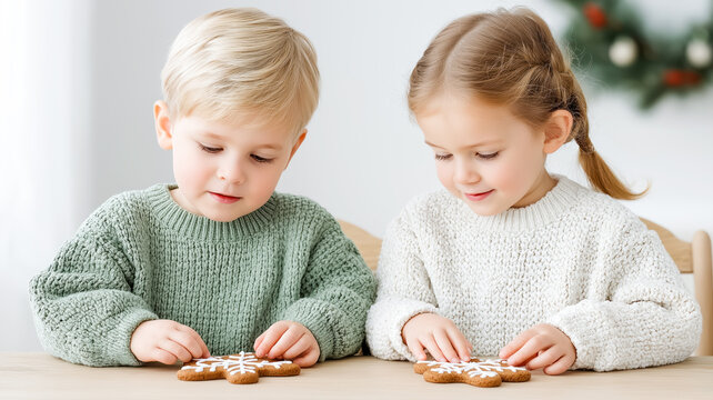 Two children decorating gingerbread cookies at a table. A boy and girl making festive treats for Christmas. Family holiday activity and winter traditions concept