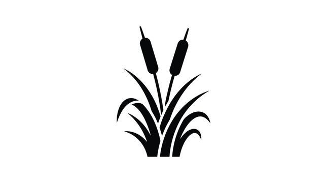 Minimalist black cattail plant silhouette icon featuring sharp pointed leaves and textured brown stalk tops