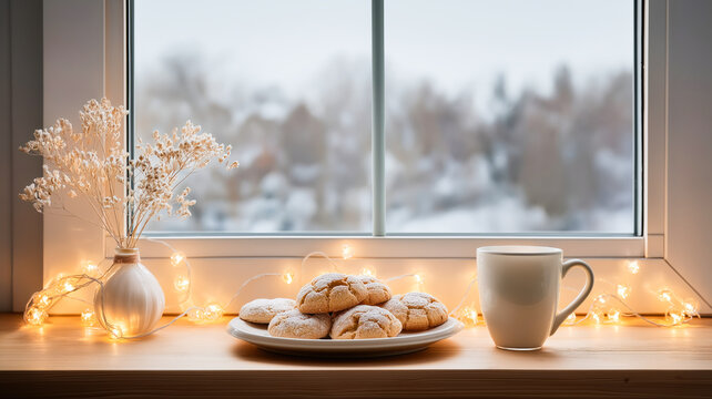 A cozy winter scene with cookies and a mug on a windowsill decorated with warm lights. Hygge concept with a snowy view from the window