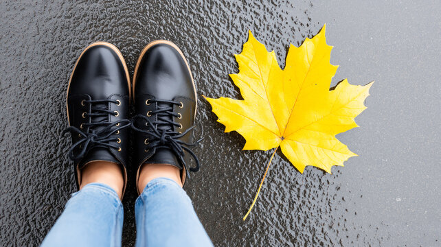 Top view of feet in black shoes next to a yellow maple leaf on wet ground. Autumn season and rainy weather concept