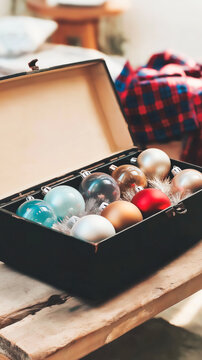Box of colorful Christmas ornaments on a wooden table. Vertical photo of festive holiday baubles ready for decorating. Cozy home interior with plaid background