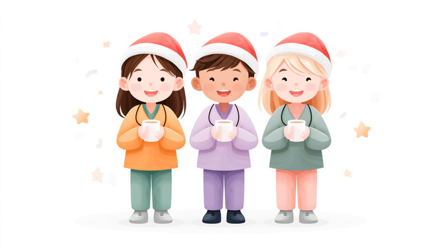 Cute cartoon children wearing Santa hats holding hot chocolate mugs. Happy kids celebrating Christmas holiday. Vector illustration isolated on white background