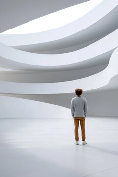 A person from behind stands in a vast, futuristic white architectural space. Modern minimalist interior with abstract curves. Solitude and contemplation concept with copy space