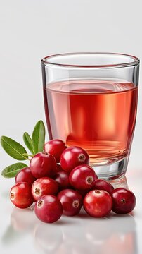 A glass of fresh cranberry juice with whole red berries. Healthy fruit beverage isolated on a white background with copy space