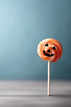 An orange and white swirl lollipop with a jack-o'-lantern face. Halloween candy treat on a blue background. Minimalist holiday concept with copy space