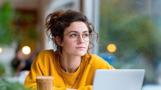 Pensive young woman with glasses thinking in a cafe while working on a laptop. Student looking out a rainy window with a cup of coffee. Remote work and freelance lifestyle concept