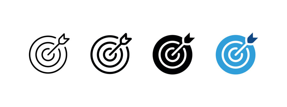 Dart target icon. Aim and accuracy sign. Focus, goals and achievement symbol. Thin dartboard pictogram. Blue illustration for sports, competition, strategy and performance.