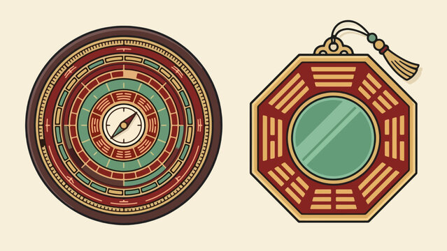 Feng Shui Luo Pan compass paired with a Bagua octagonal mirror for decor
