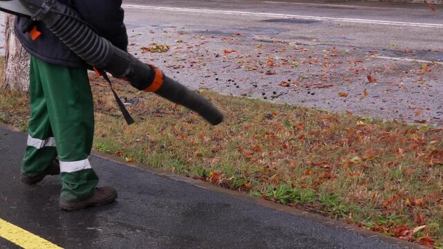 Professional municipal worker using a backpack leaf blower to clear fallen autumn leaves and debris from a wet sidewalk and roadside, urban street maintenance and seasonal public cleaning.
