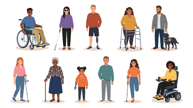 Diverse people with disabilities inclusive flat character set illustration