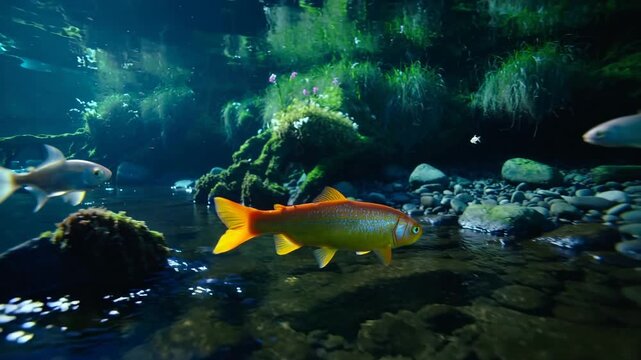 Goldfish swim in a pond filled with clear water. The pond has rocks and green plants. Light filters through the water, making it bright.
