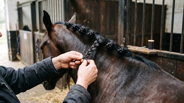 Close up of a person braiding a dark brown horse's mane in a stable with wooden stalls and hay on the floor