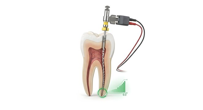 Electronic Apex Locator File Measuring Root Canal Working Length in Tooth Cross Section, 3D Medical Illustration