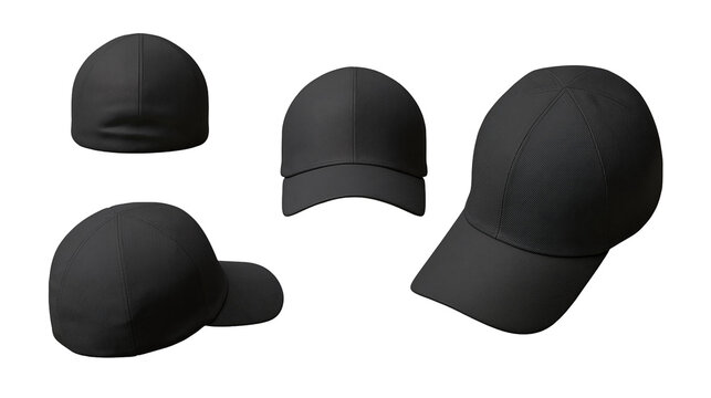 Isolated black baseball cap mockups from different angles, customizable design templates