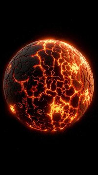 A lava planet shines brightly with orange light. The cracked surface moves slowly, showing its unique texture and heat.