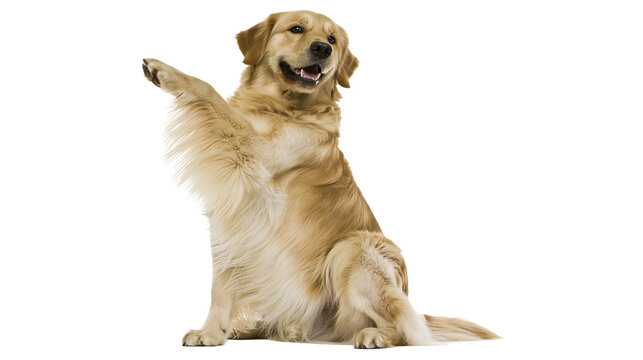 Isolated adorable Golden Retriever dog sitting with a raised paw, smiling cheerfully
