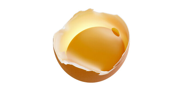 Isolated cracked eggshell with bright yellow egg yolk inside, representing new life and fragile beginnings.