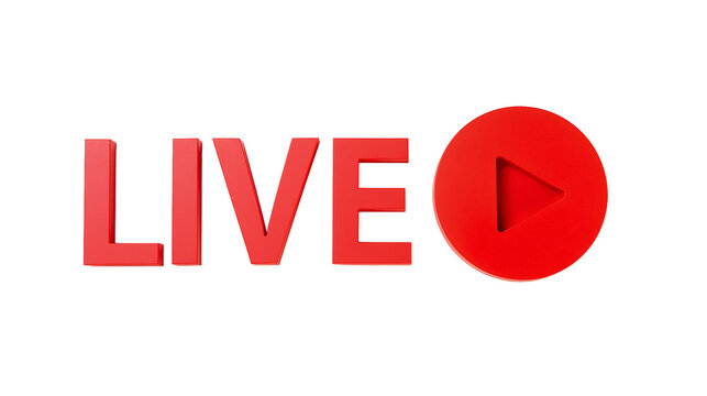 Isolated red LIVE text and play button icon for digital media streaming and broadcast events.