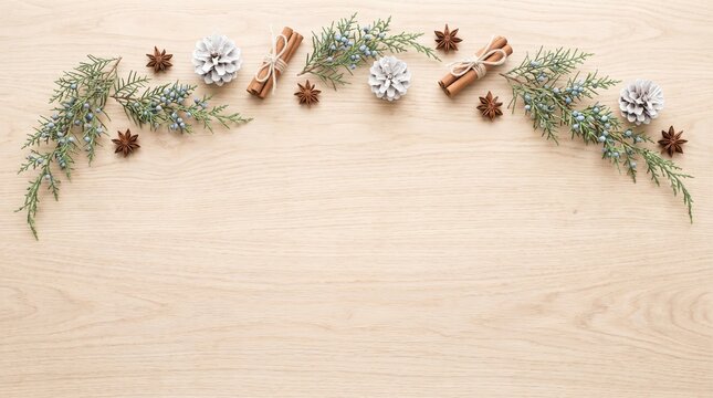 Flat lay of winter holidays festive composition with pine branches and cinnamon sticks on wooden background
