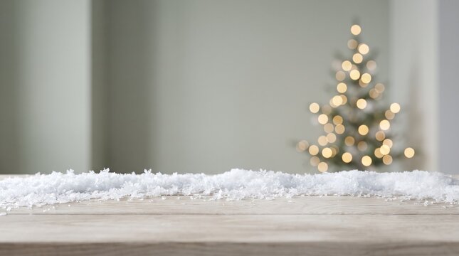 Wooden table covered with snow against a blurred background with christmas tree bokeh lights