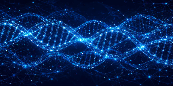 Abstract digital DNA strand structure composed of glowing blue glowing light nodes and particles with genetic code double helix digital background biology research molecular structure genetics