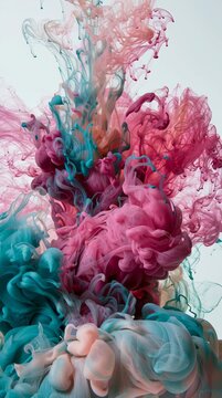 Ink drops flow and expand in clear water, creating vibrant shapes, all captured indoors during bright light hours.