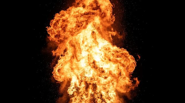 Bright orange fire flame burning intensely in the dark night with glowing embers and hot sparks flying around