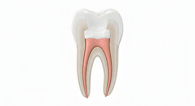 3D Medical Illustration of Tooth Cross Section with Coronal Seal and Root Canal Filling Isolated on White