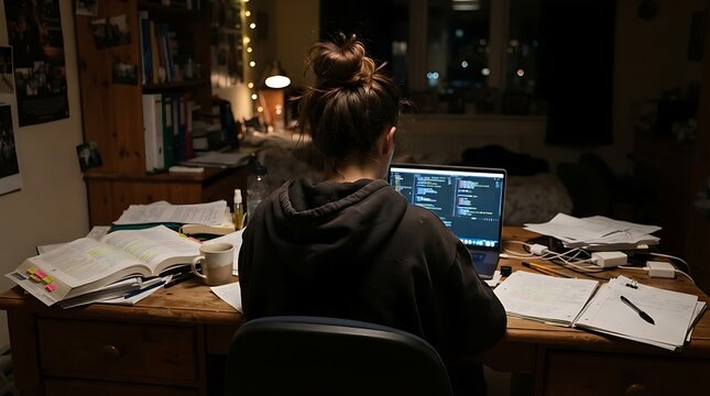 Young student studying at a desk with a laptop and open textbooks in a dark room at night for education