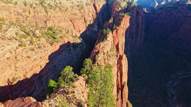 Golden sunrise light glows over Zion Canyon and cliffs seen from the top of Angels Landing