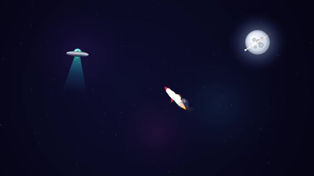 Outer space vector illustration featuring a rocket launch, a hovering UFO with a glowing tractor beam, a full moon, and a shooting star against a starry night sky.