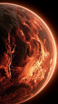Lava planet shows orange glow with cracked surface where hot material breaks through. This occurs in deep space.