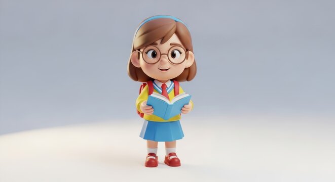 cute 3d cartoon school girl with glasses holding a book and wearing a red backpack on light background