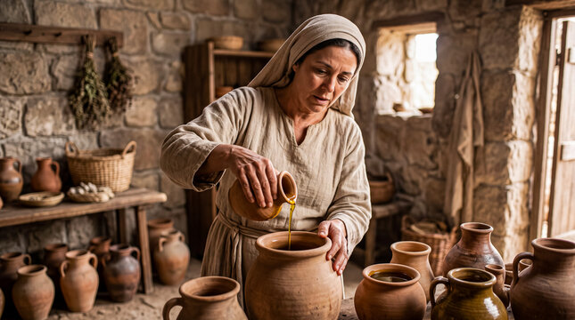 A poor widowed woman in ancient Israel pours olive oil from a small clay vessel into another clay jar.	