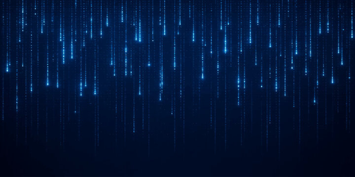 Digital matrix rain data stream with glowing blue light vertical lines falling on dark background binary code technology programming abstract vertical internet computer software developer