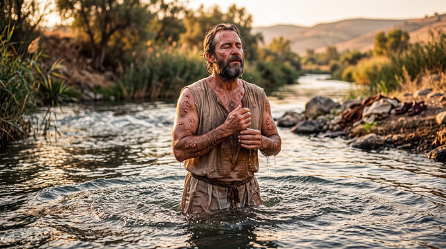 Naaman washing in the Jordan River, Bible story.